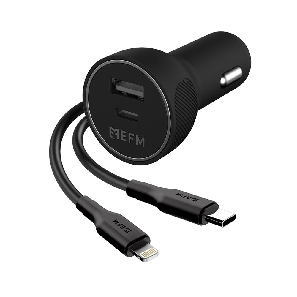EFM 39W Dual Port Car Charger - With Type C to Apple Lightning Cable