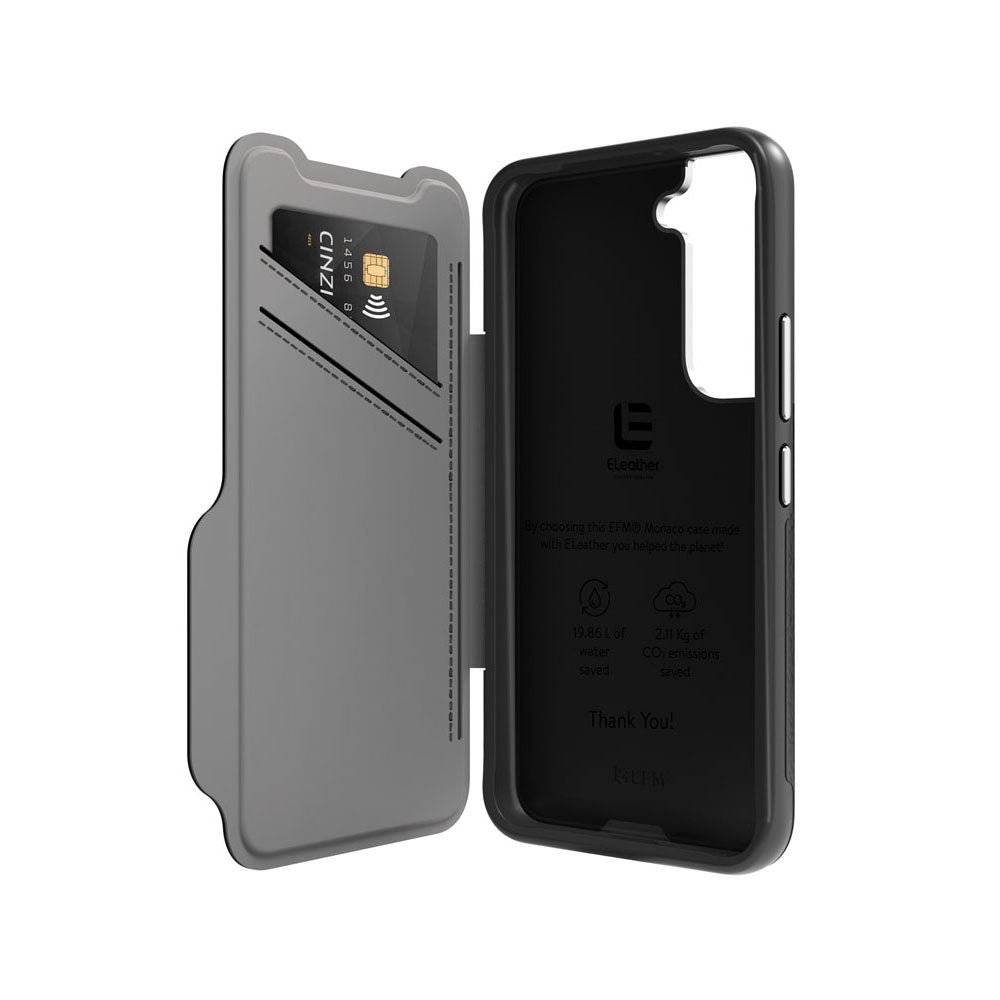 EFM Monaco Leather Wallet Case Armour with D3O 5G Signal Plus - For Samsung Galaxy S22+ (6.6) - Black/Space Grey