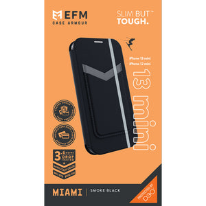 EFM Miami Leather Wallet Case Armour with D3O - For iPhone 13 mini (5.4") - Smoke Black