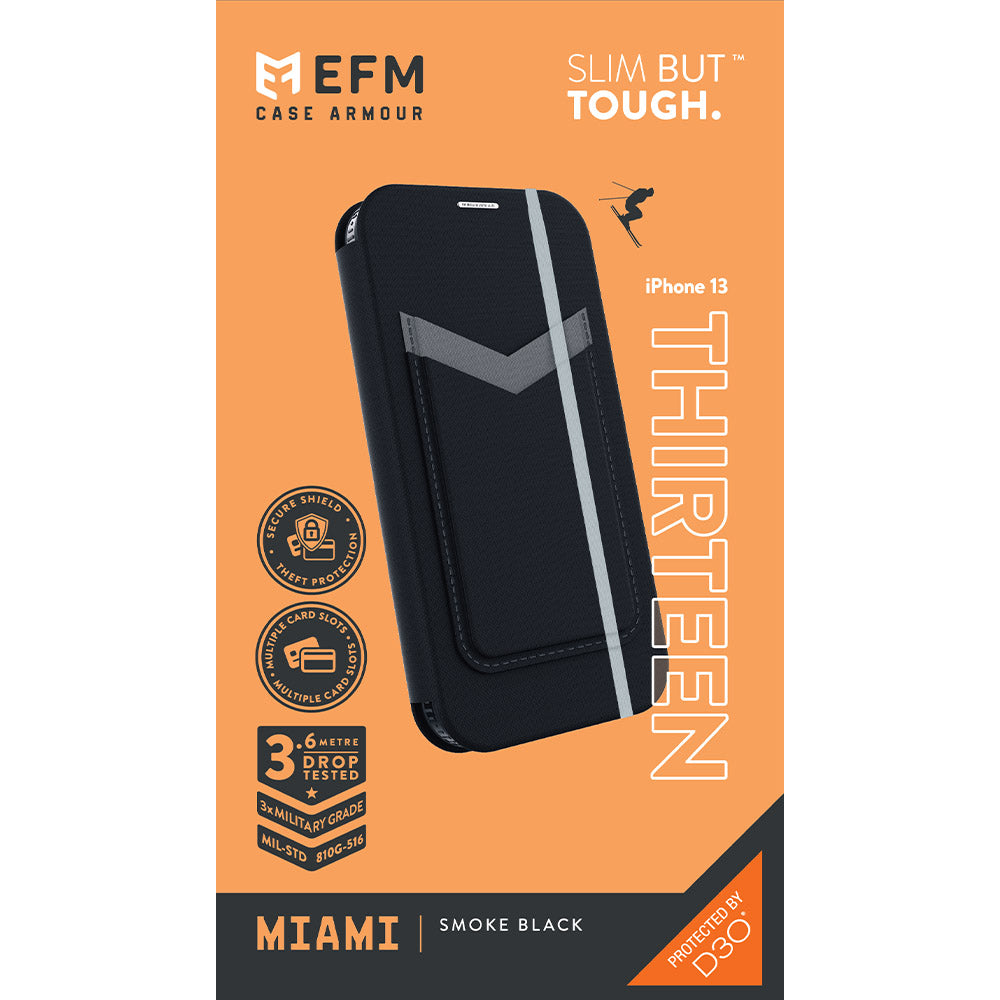 EFM Miami Leather Wallet Case Armour with D3O - For iPhone 13 (6.1") - Smoke Black