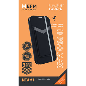EFM Miami Leather Wallet Case Armour with D3O - For iPhone 13 Pro Max (6.7") - Smoke Black