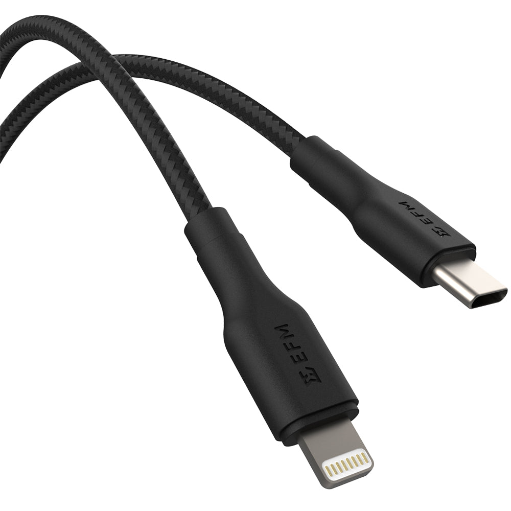 EFM USB-C to Lightning Braided Power and Data 1M Cable - Tested to withstand 20000+ bends - Black