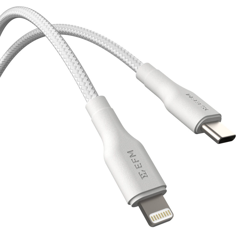 EFM USB-C to Lightning Braided Power and Data 1M Cable - Tested to withstand 20000+ bends - White