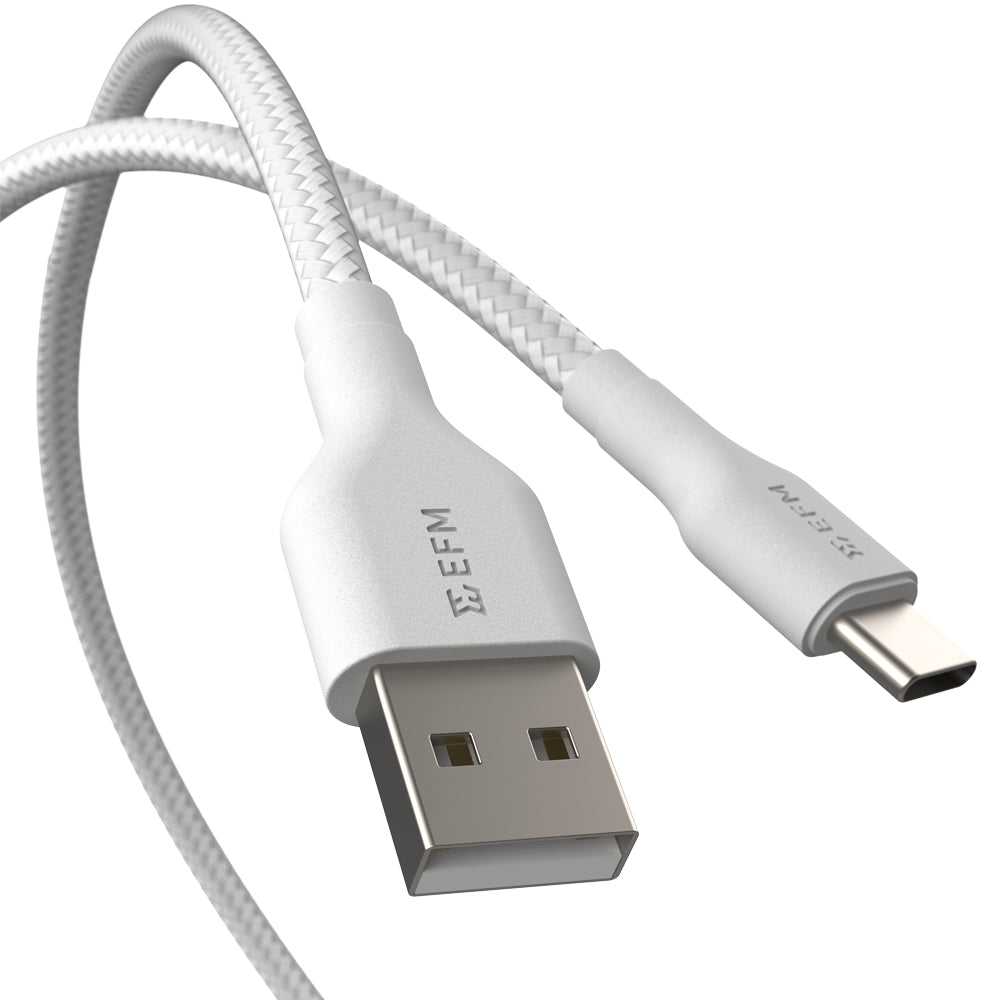 EFM USB-A to USB-C Braided Power and Data 1M Cable - Tested to withstand 20000+ bends - White