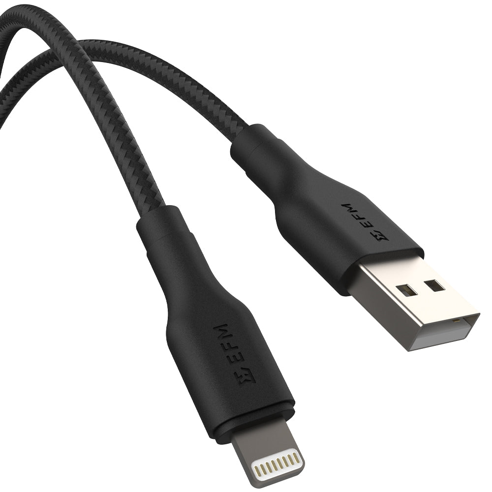 EFM USB-A to Lightning Braided Power and Data 1M Cable - Tested to withstand 20000+ bends - Black