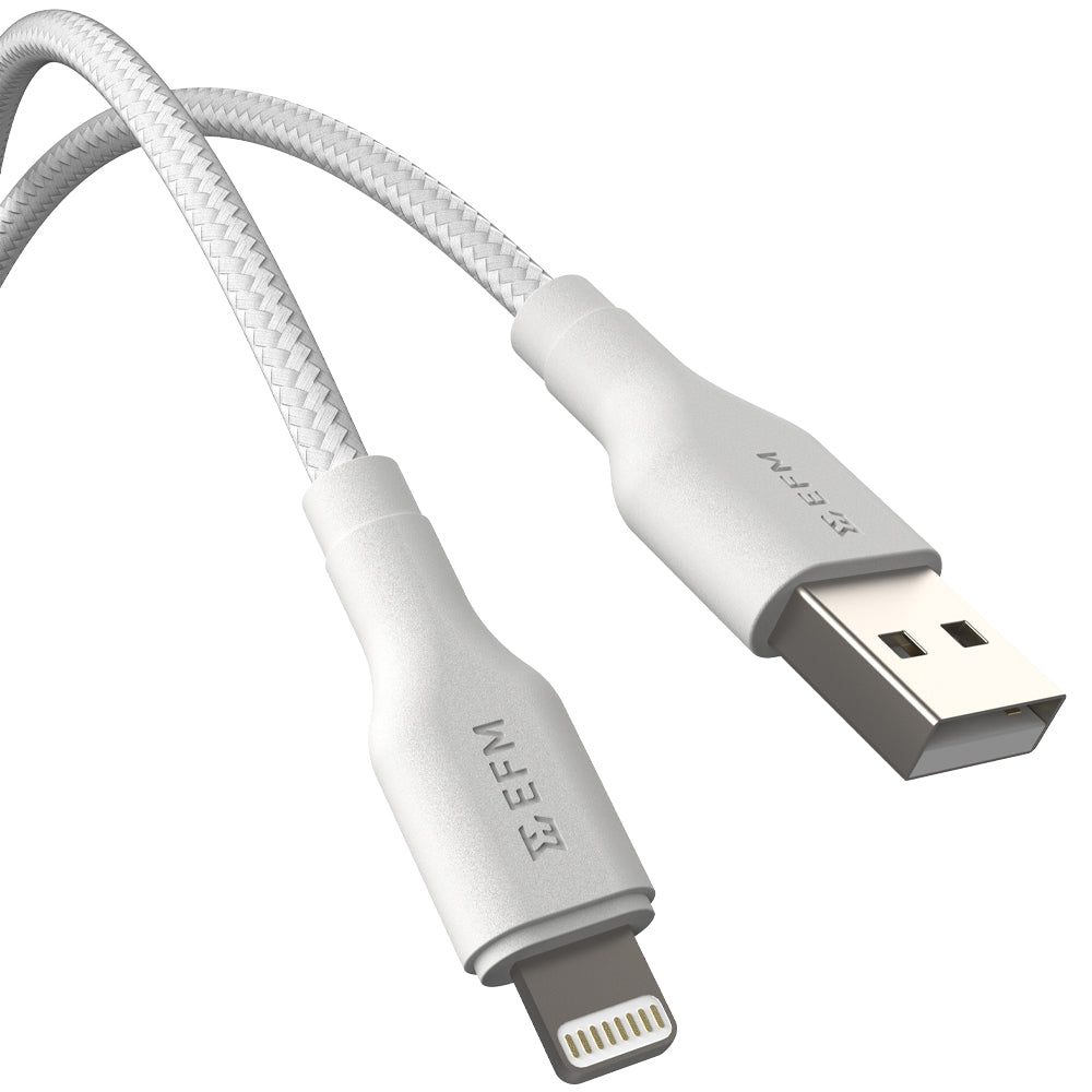 EFM USB-A to Lightning Braided Power and Data 1M Cable - Tested to withstand 20000+ bends - White